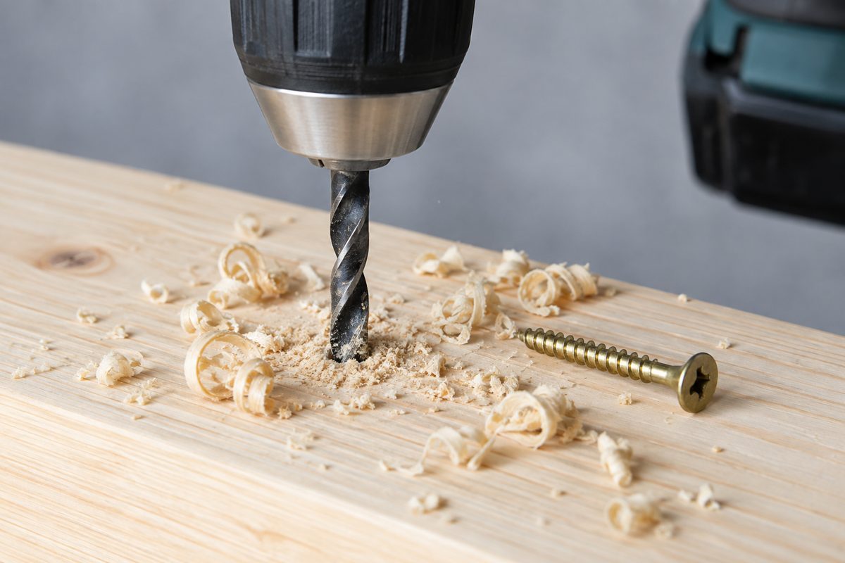 A drill bit boring a pilot hole in a pine board with a wood screw beside it